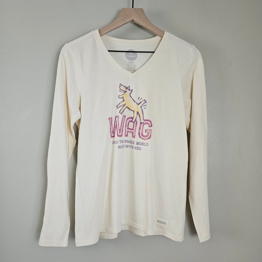 Life Is Good WAG Dog Classic Long Sleeve Tee Sz S Pale Yellow Shirt V-Neck